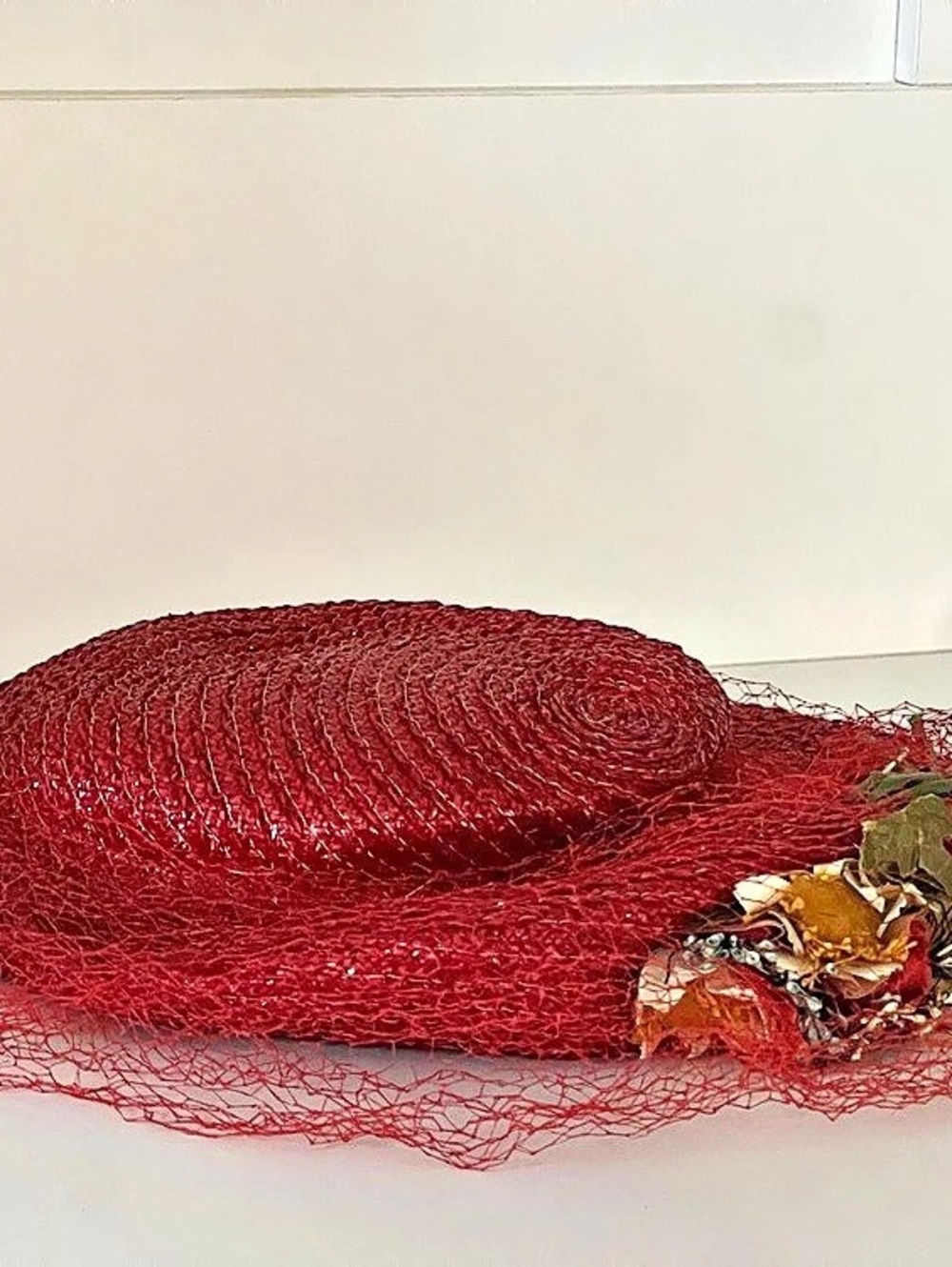 New York Creation Red Straw Veiled True Vintage Hat Birdcage Millinery 22